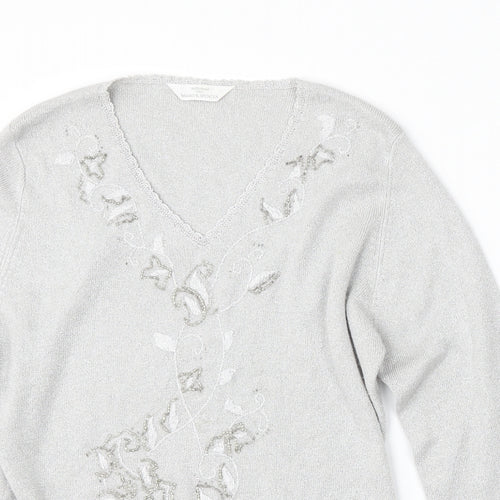 St Michael Womens Silver V-Neck  Polyester Pullover Jumper Size M
