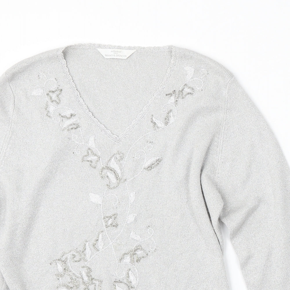 St Michael Womens Silver V-Neck  Polyester Pullover Jumper Size M