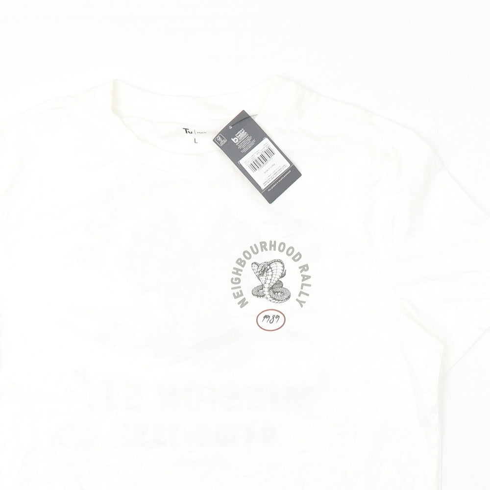 TU Mens White  Cotton  T-Shirt Size L Round Neck