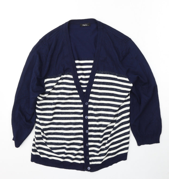 M&Co Womens Blue V-Neck Striped Viscose Cardigan Jumper Size L