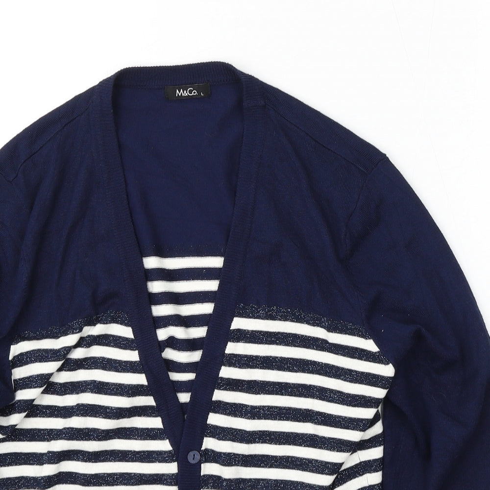 M&Co Womens Blue V-Neck Striped Viscose Cardigan Jumper Size L
