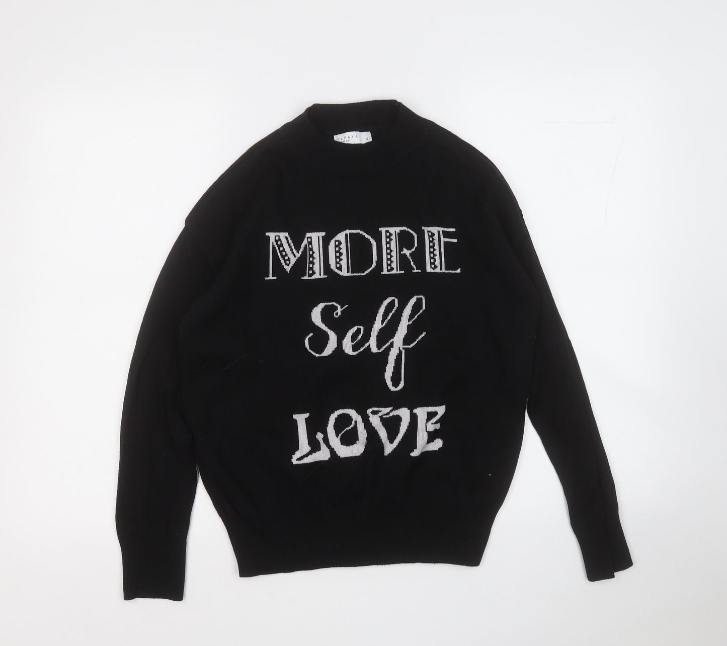 Papaya Womens Black Mock Neck  Cotton Pullover Jumper Size S   - More Self Love
