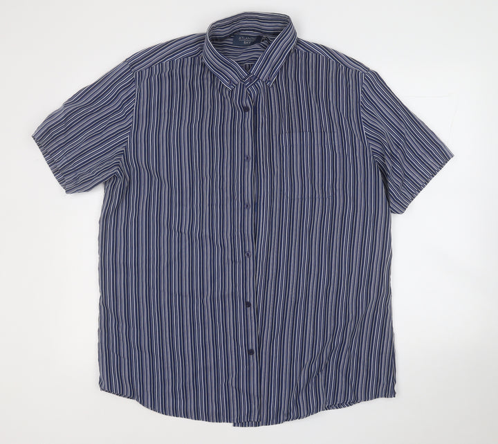 Atlantic Bay Mens Blue Striped Polyester Button-Up Size XL Collared