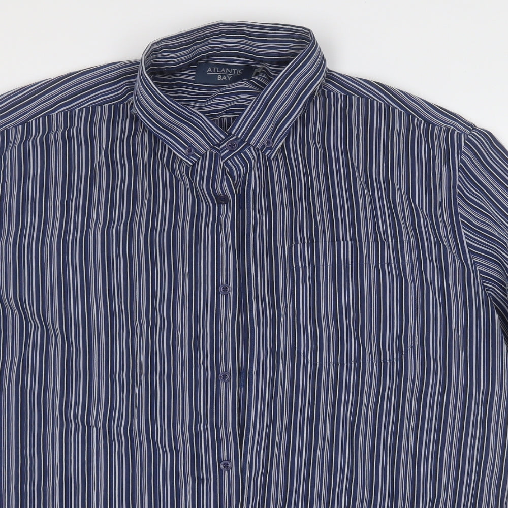 Atlantic Bay Mens Blue Striped Polyester  Button-Up Size XL Collared