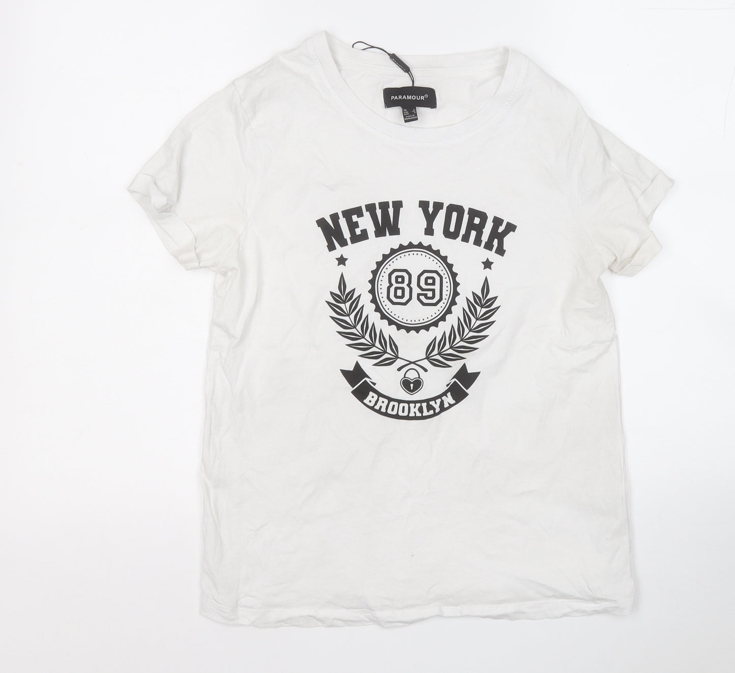 Paramour Womens White  Cotton Basic T-Shirt Size 12 Round Neck - New York
