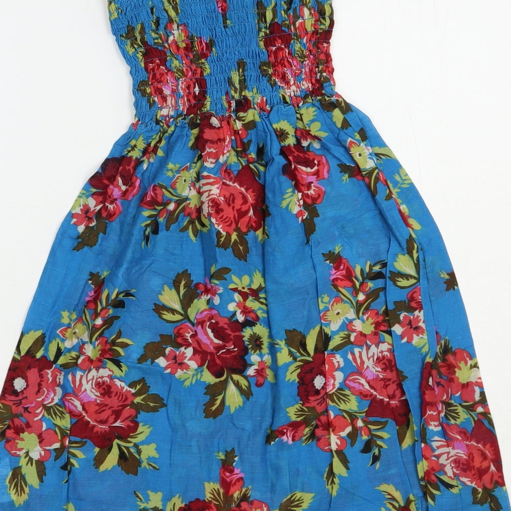 Papaya Womens Blue Floral Cotton Basic Blouse Size S Off the Shoulder