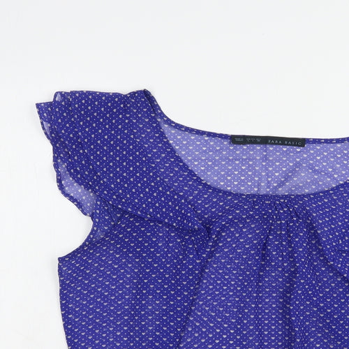 Zara Womens Blue Geometric Polyester Basic Blouse Size L Scoop Neck