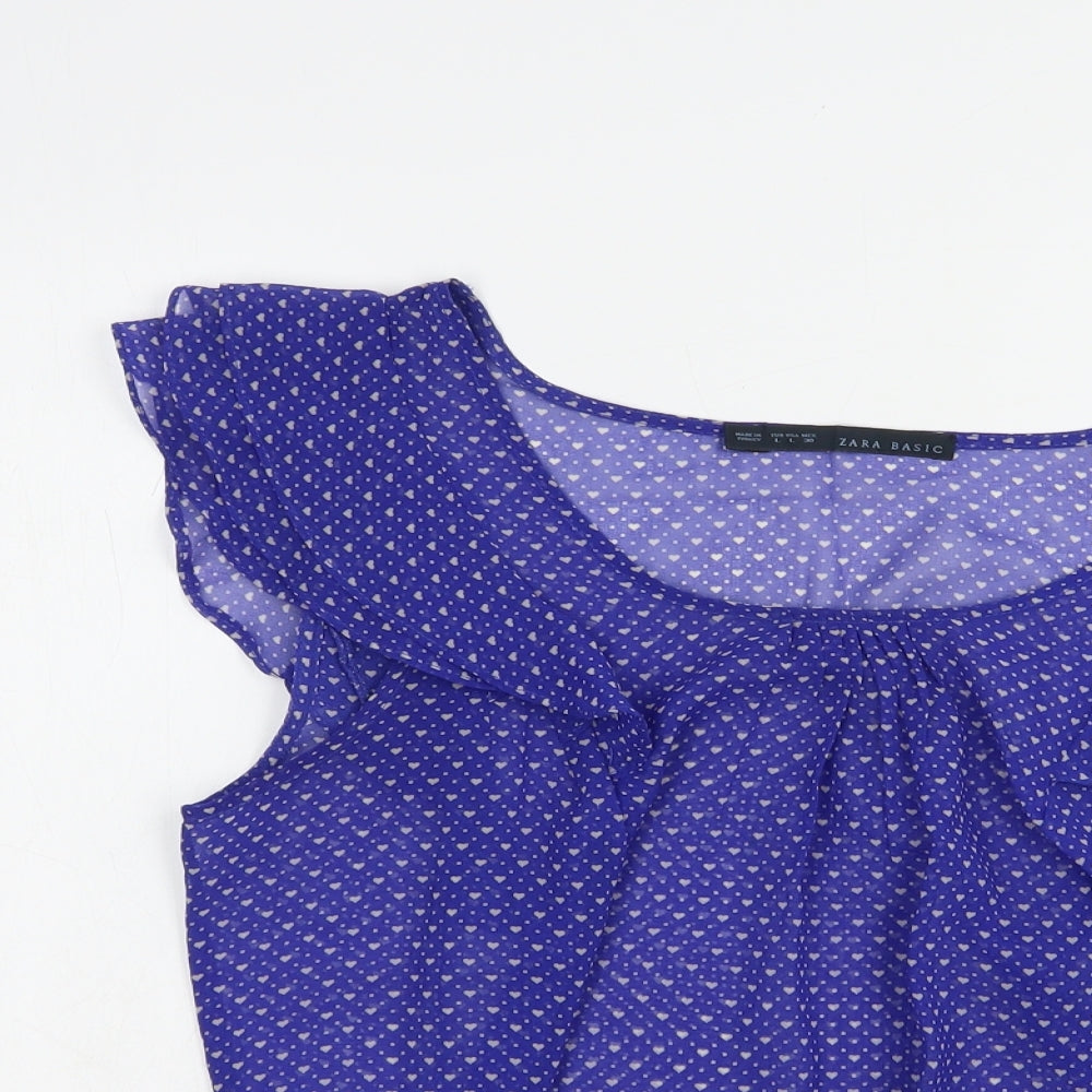 Zara Womens Blue Geometric Polyester Basic Blouse Size L Scoop Neck