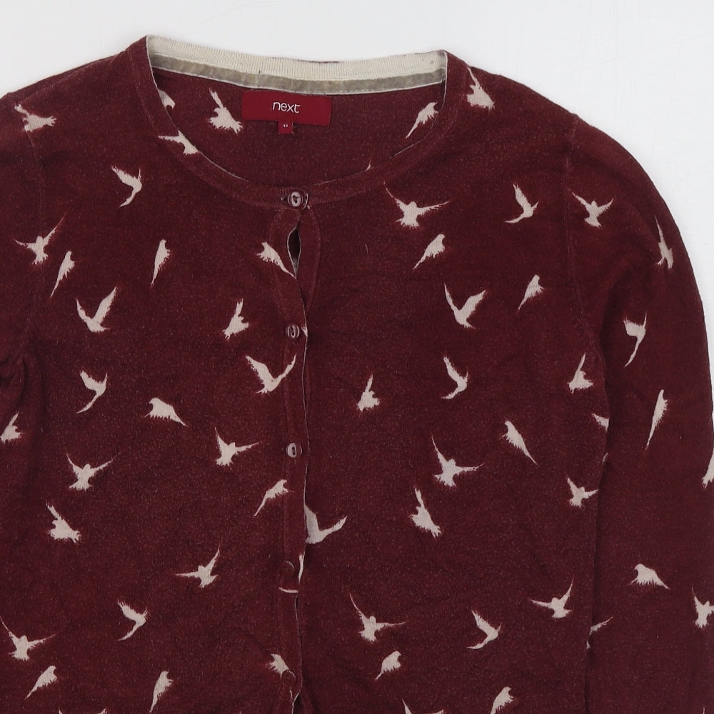 NEXT Womens Red Scoop Neck Geometric Cotton Cardigan Jumper Size 12