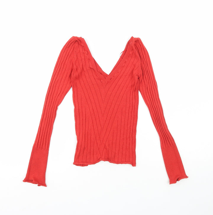 Topshop Womens Red V-Neck  Viscose Pullover Jumper Size 8