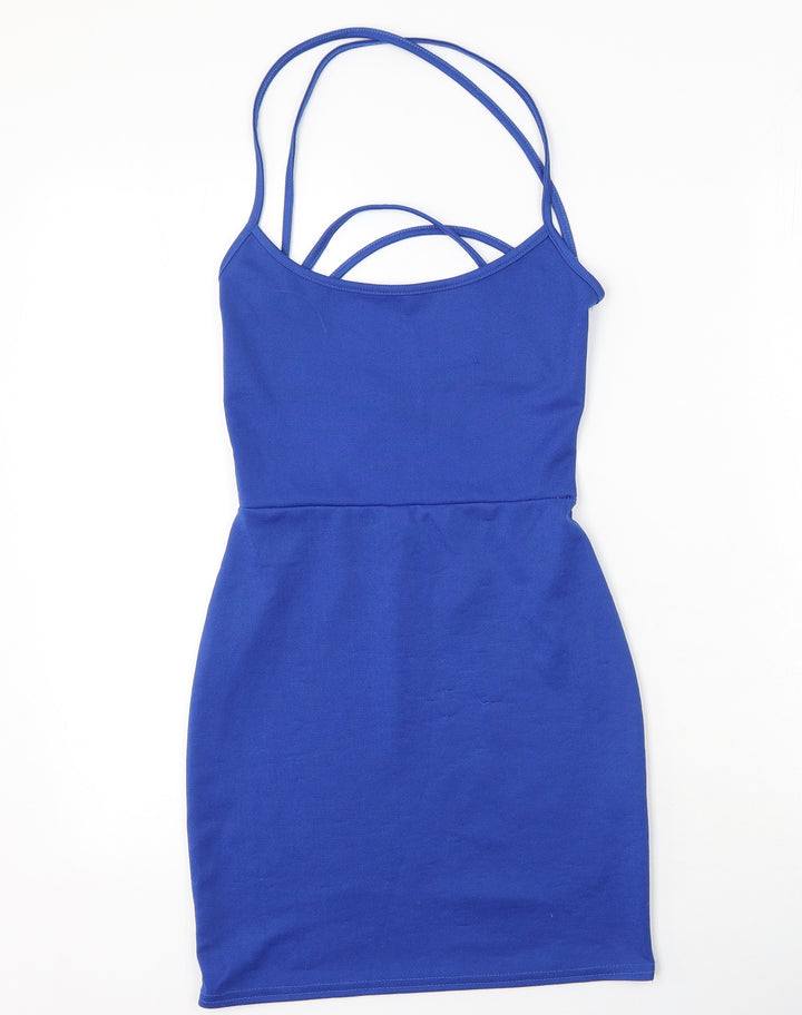 Boohoo Womens Blue Polyester Bodycon Size 10 Round Neck