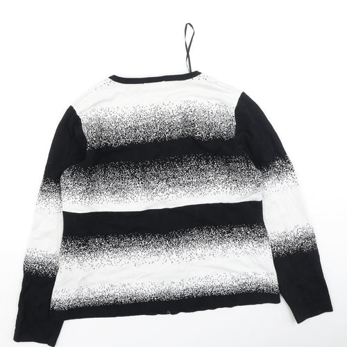 Claudia  Womens Black Round Neck Striped Cotton Full Zip Jumper Size M