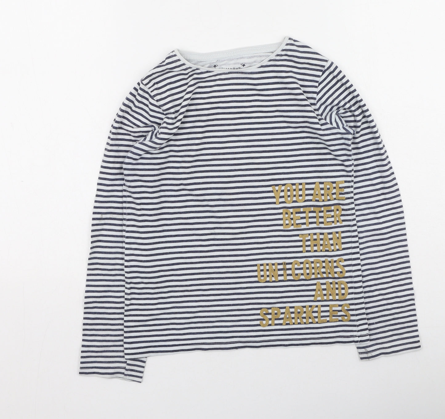 Primark Girls Blue Striped Cotton Basic Casual Size 10-11 Years Round Neck