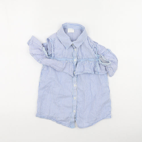 F&F Girls Blue Striped Cotton Basic Button-Up Size 11-12 Years Collared