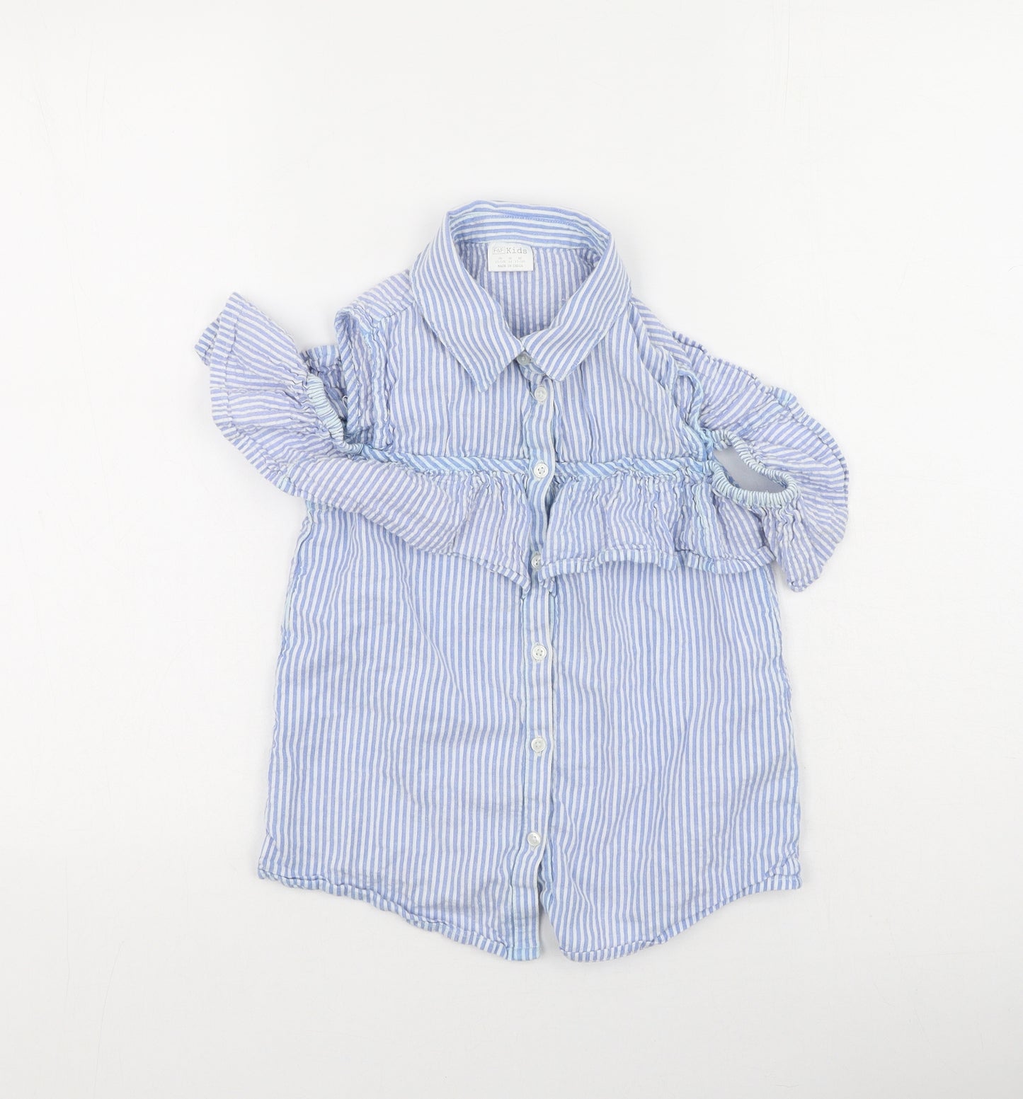 F&F Girls Blue Striped Cotton Basic Button-Up Size 11-12 Years Collared