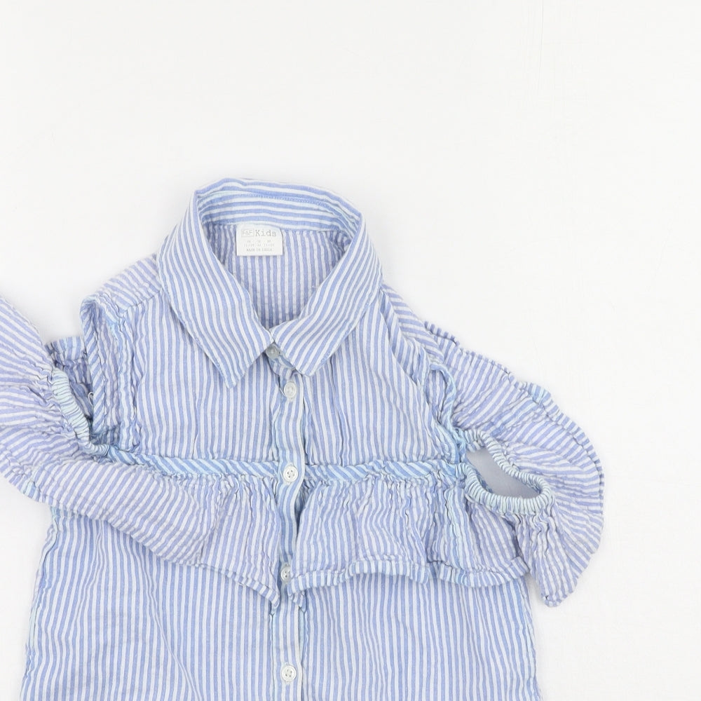F&F Girls Blue Striped Cotton Basic Button-Up Size 11-12 Years Collared