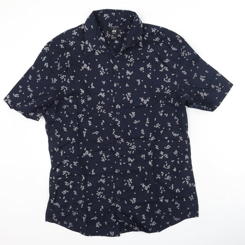 H&M Mens Blue Floral Cotton  Polo Size L Collared