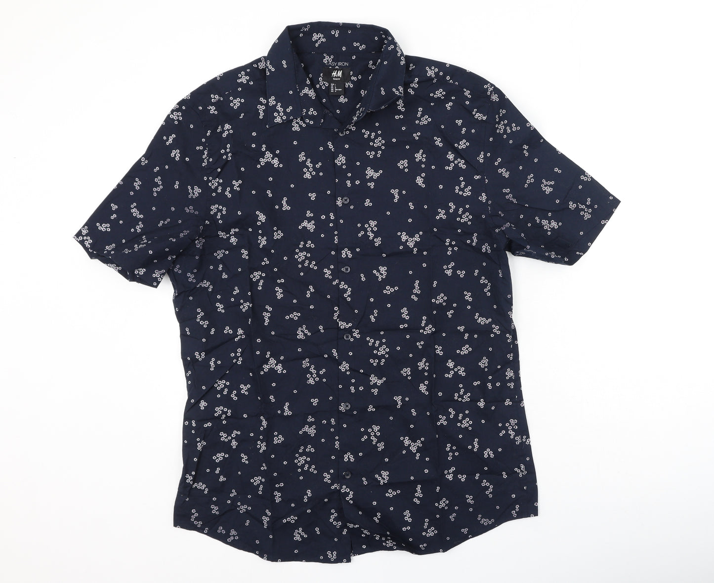 H&M Mens Blue Floral Cotton  Polo Size L Collared