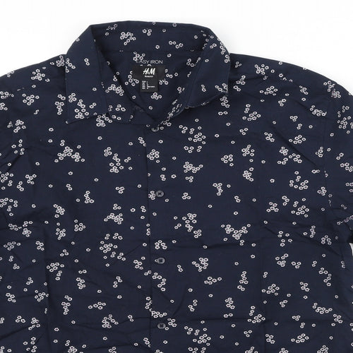 H&M Mens Blue Floral Cotton  Polo Size L Collared