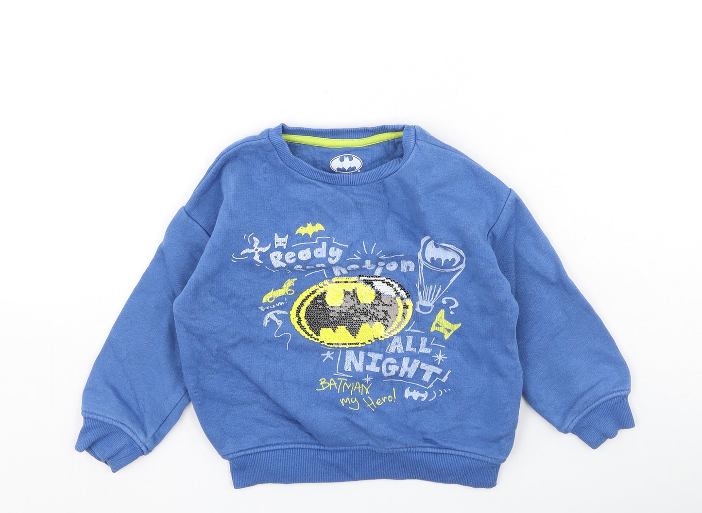 Marks and Spencer Boys Blue Round Neck  Cotton Pullover Jumper Size 2-3 Years   - Batman
