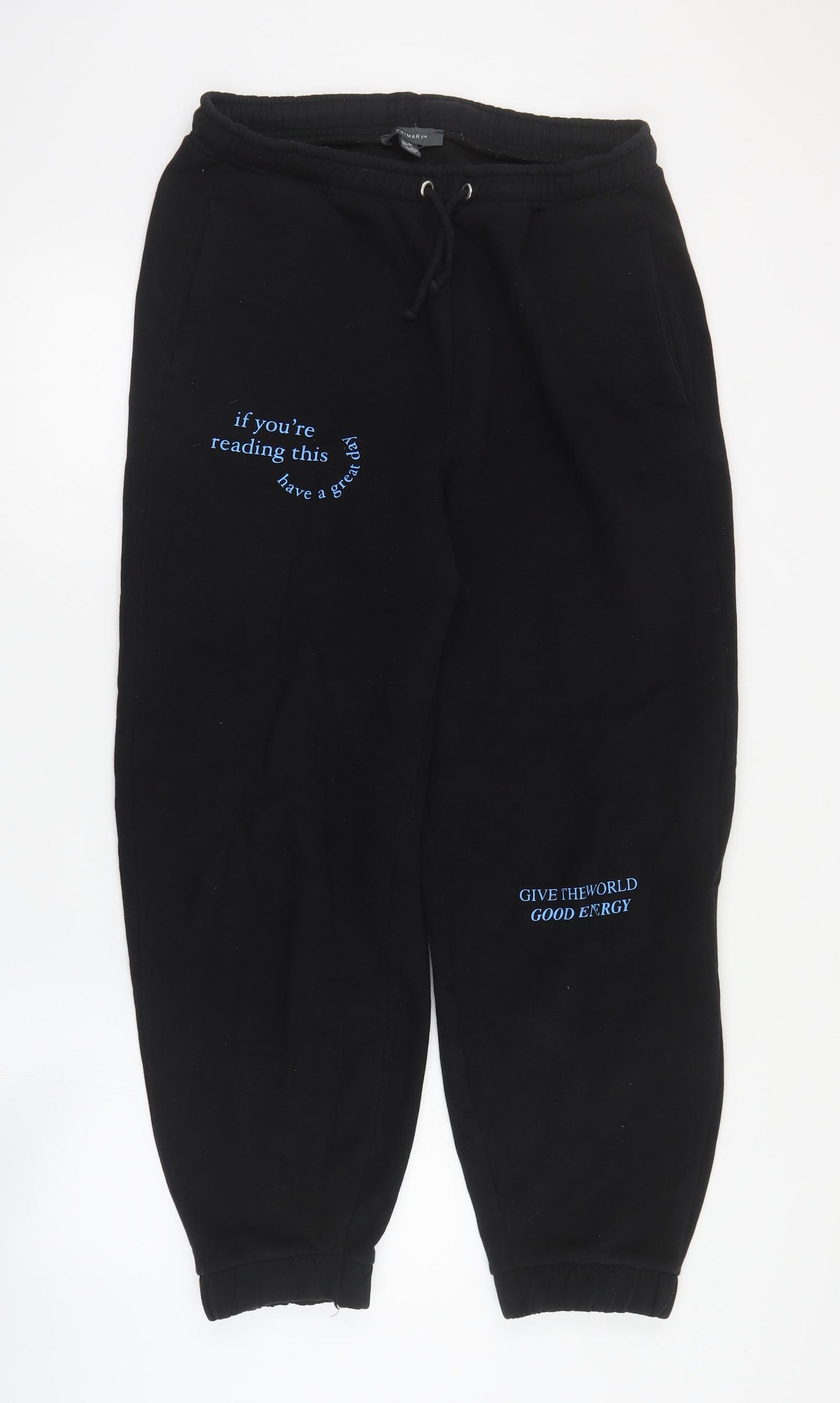 Primark Womens Black  Cotton Jogger Trousers Size M L26 in Regular Drawstring - Slogan