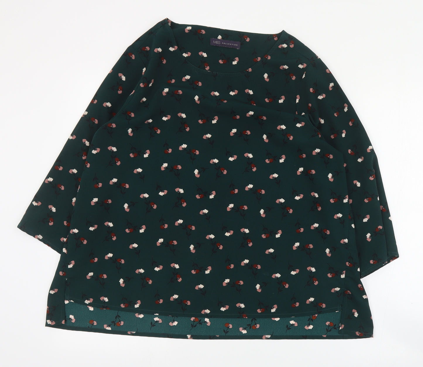 Marks and Spencer Womens Green Floral Polyester Basic Blouse Size 16 Round Neck