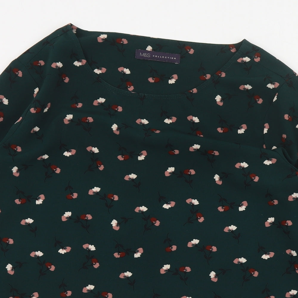 Marks and Spencer Womens Green Floral Polyester Basic Blouse Size 16 Round Neck