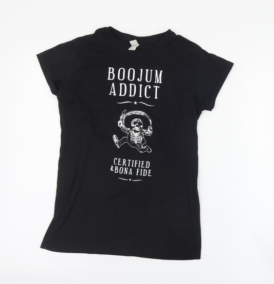 Front view of Gildan women’s black cotton basic t-shirt, size S, crew neck - boojum