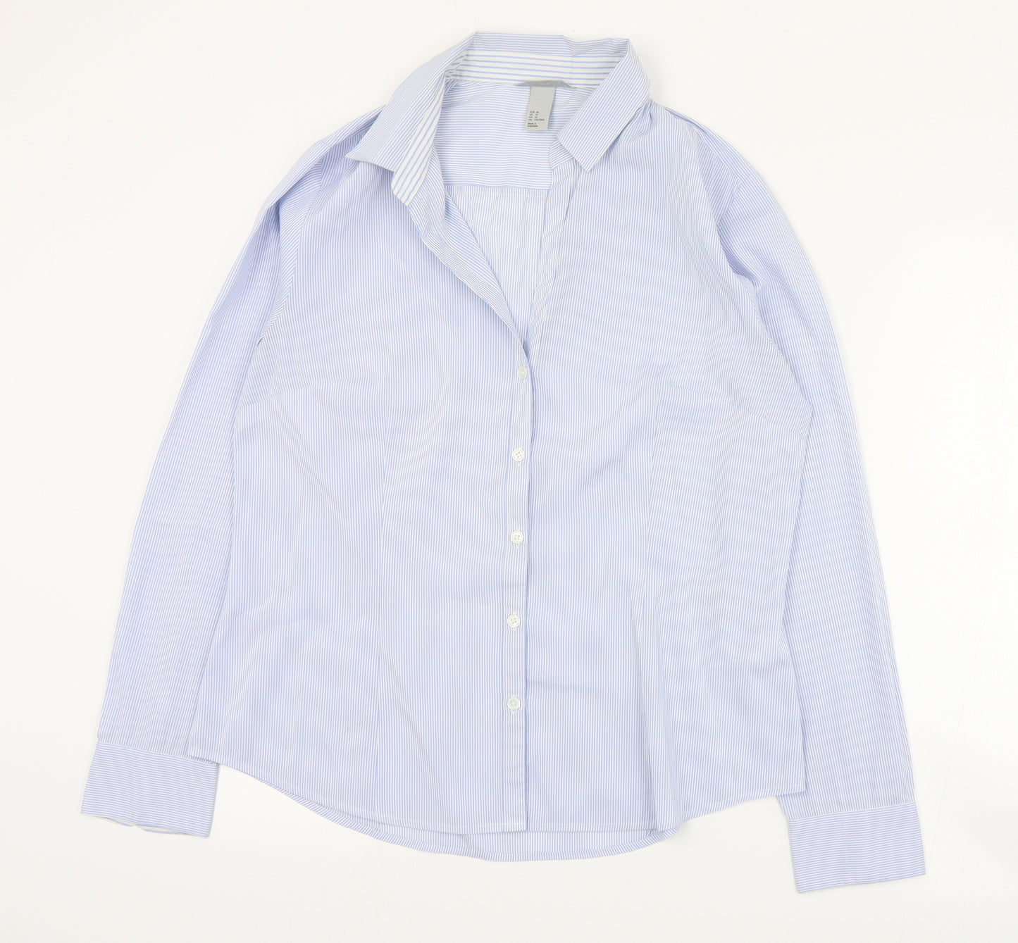 H&M Womens Blue Striped Cotton Basic Button-Up Size 16 Collared