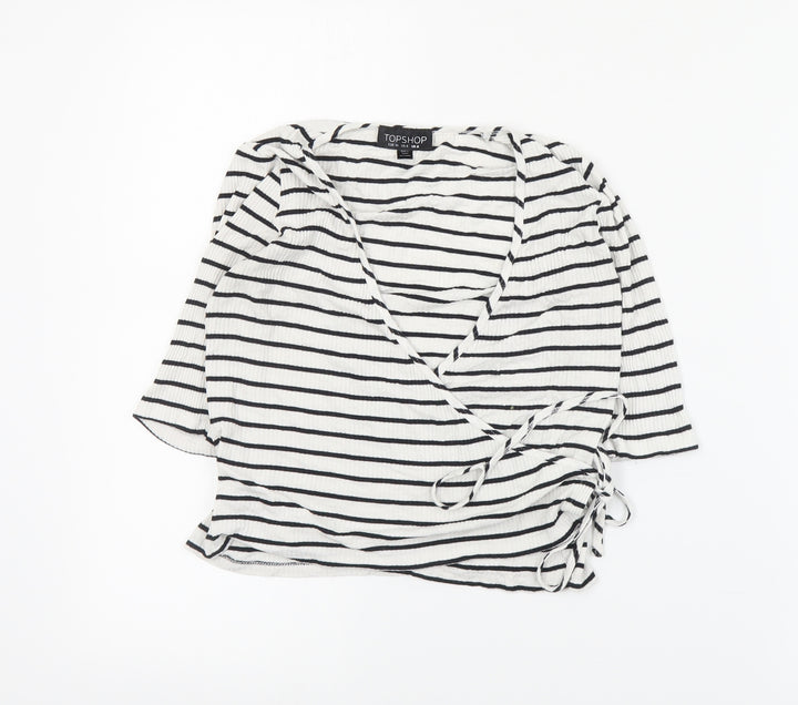 Topshop Womens White Striped Viscose Wrap Blouse Size 8 V-Neck