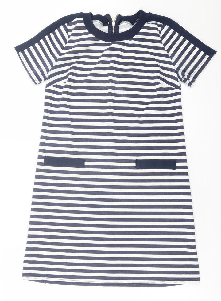 Atmosphere Womens Blue Striped Polyester A-Line  Size 8  Crew Neck Zip