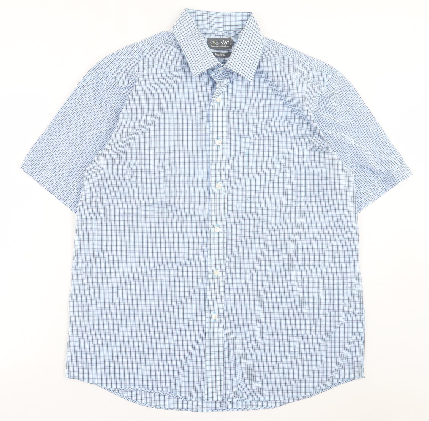 Marks and Spencer Mens Blue Plaid Cotton  Button-Up Size 16.5 Collared Button