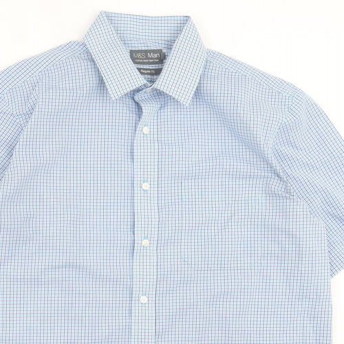 Marks and Spencer Mens Blue Plaid Cotton  Button-Up Size 16.5 Collared Button
