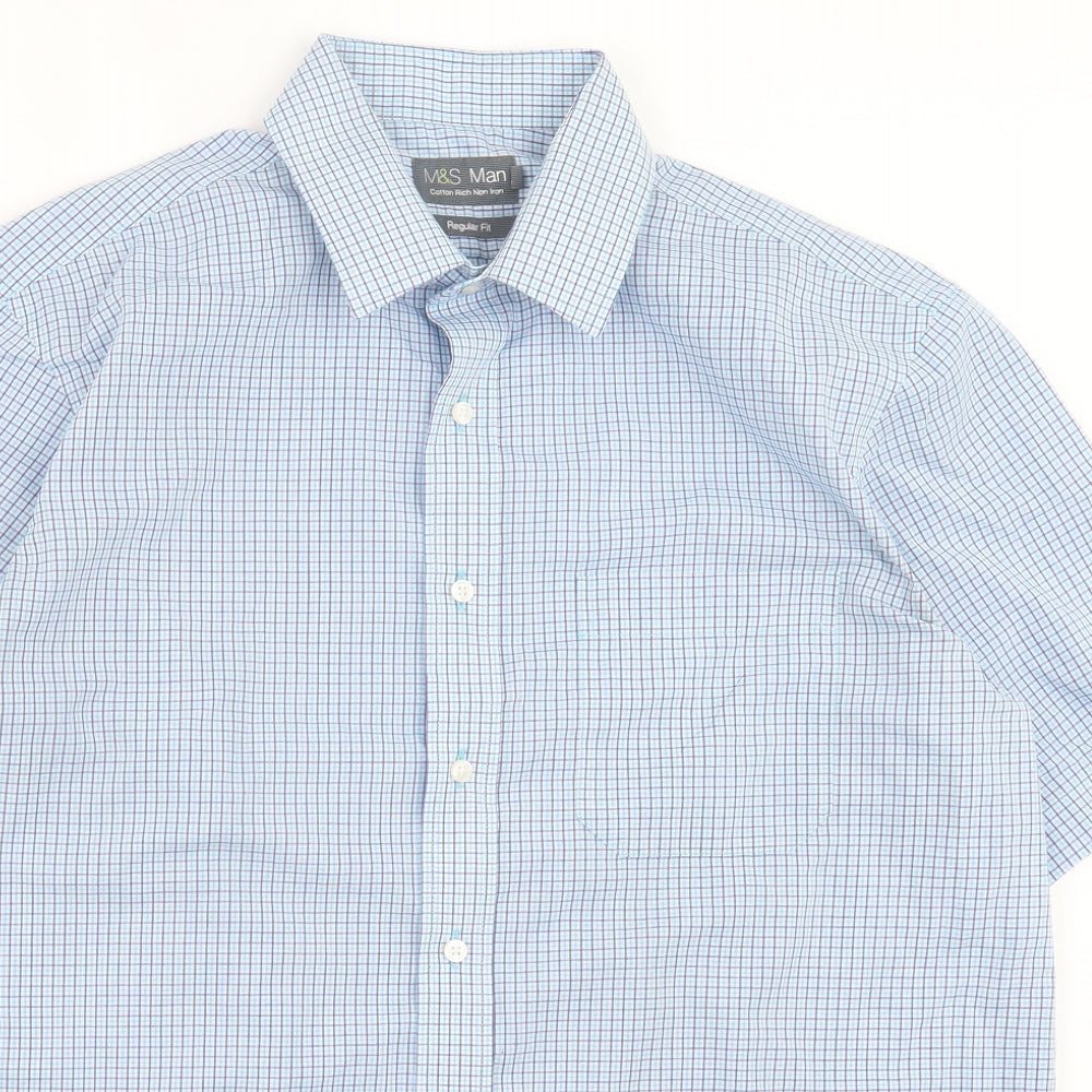 Marks and Spencer Mens Blue Plaid Cotton  Button-Up Size 16.5 Collared Button