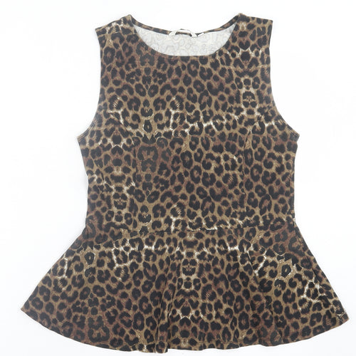 New Look Womens Brown Animal Print Cotton Basic Tank Size 14 Crew Neck