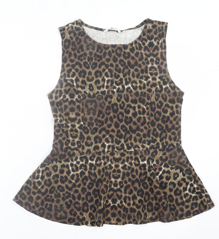 New Look Womens Brown Animal Print Cotton Basic Tank Size 14 Crew Neck