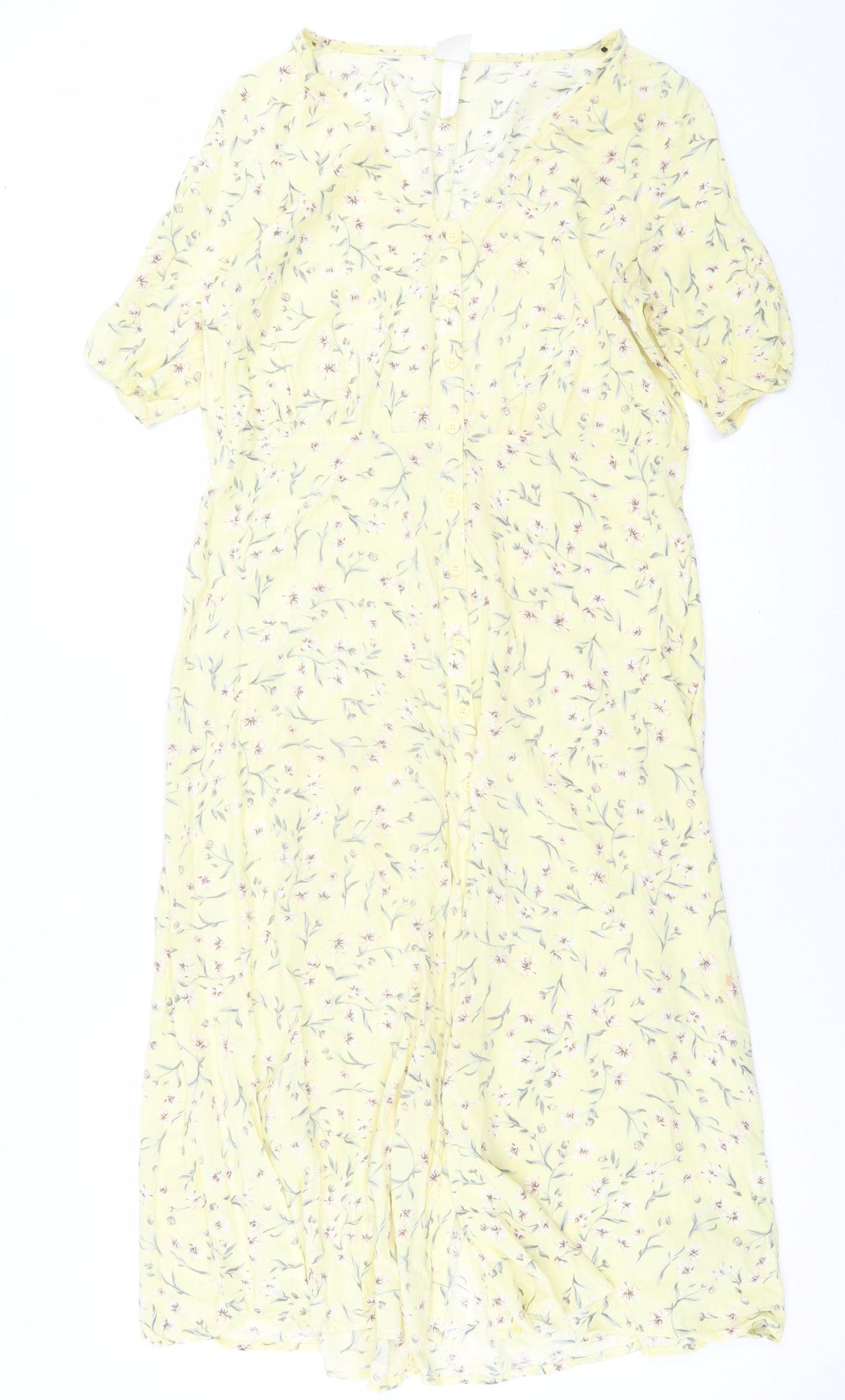 H&M Womens Yellow Floral Viscose A-Line  Size 12  V-Neck Button