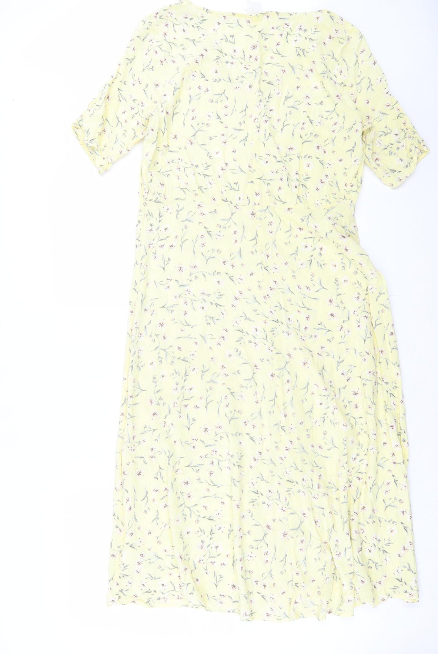 H&M Womens Yellow Floral Viscose A-Line  Size 12  V-Neck Button