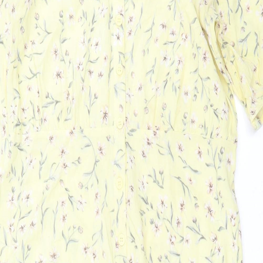 H&M Womens Yellow Floral Viscose A-Line  Size 12  V-Neck Button