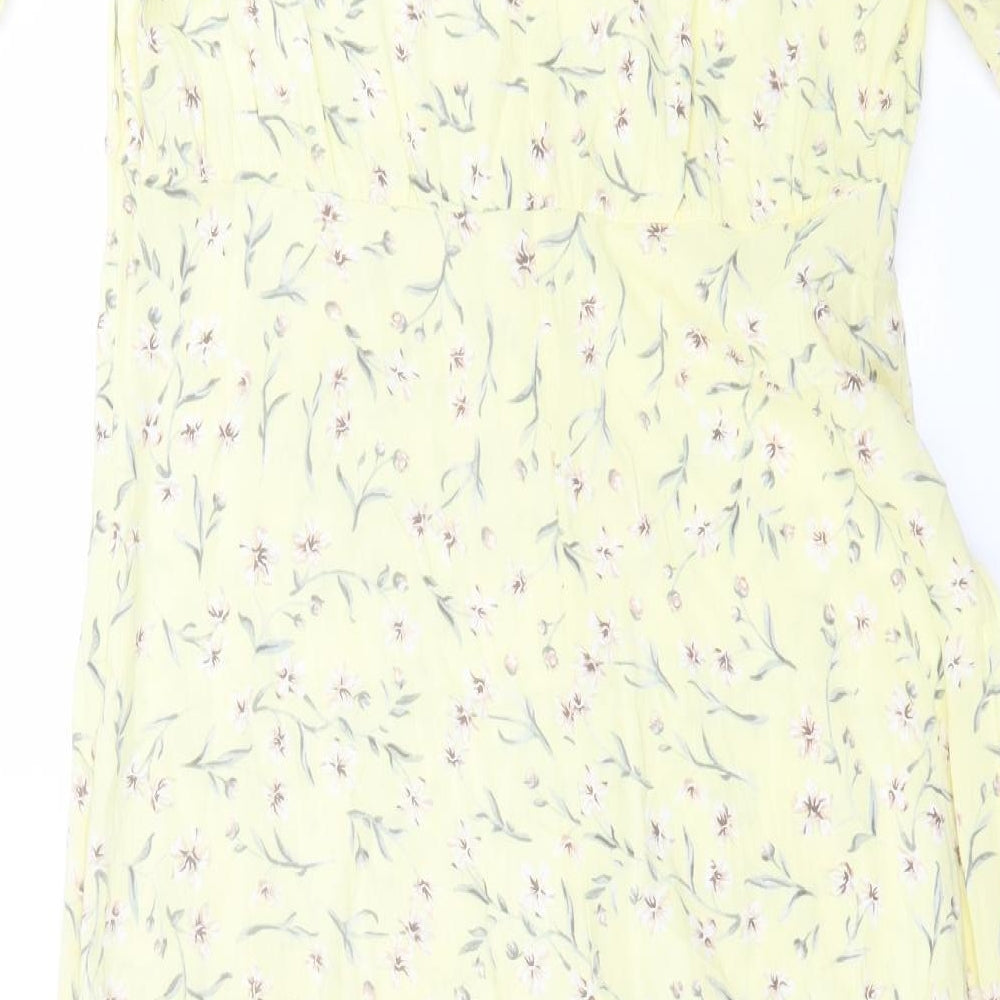H&M Womens Yellow Floral Viscose A-Line  Size 12  V-Neck Button