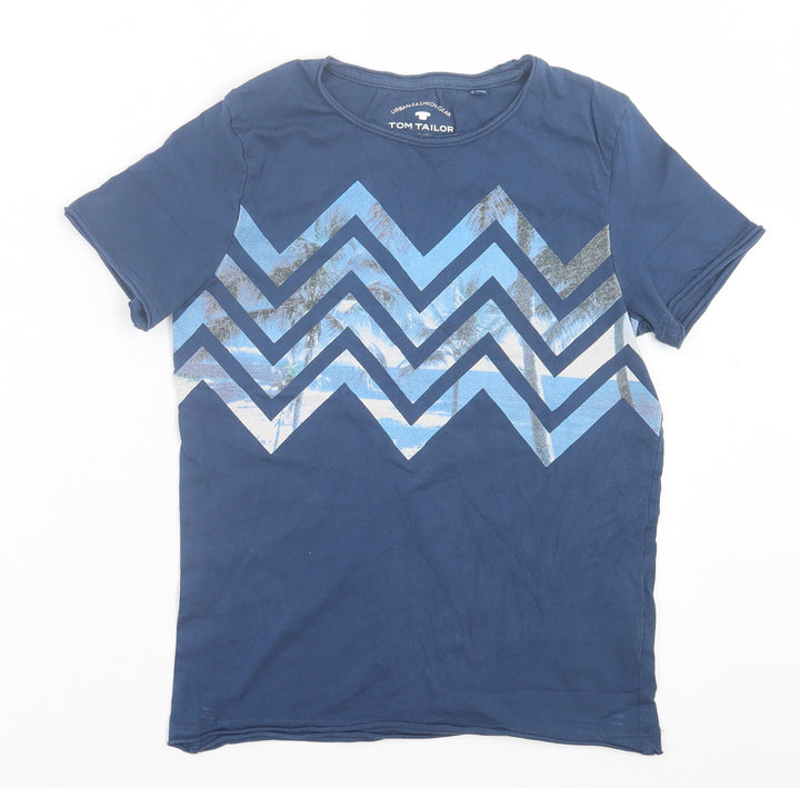 TOM TAILOR Boys Blue Geometric Cotton Basic T-Shirt Size 10 Years Crew Neck Pullover