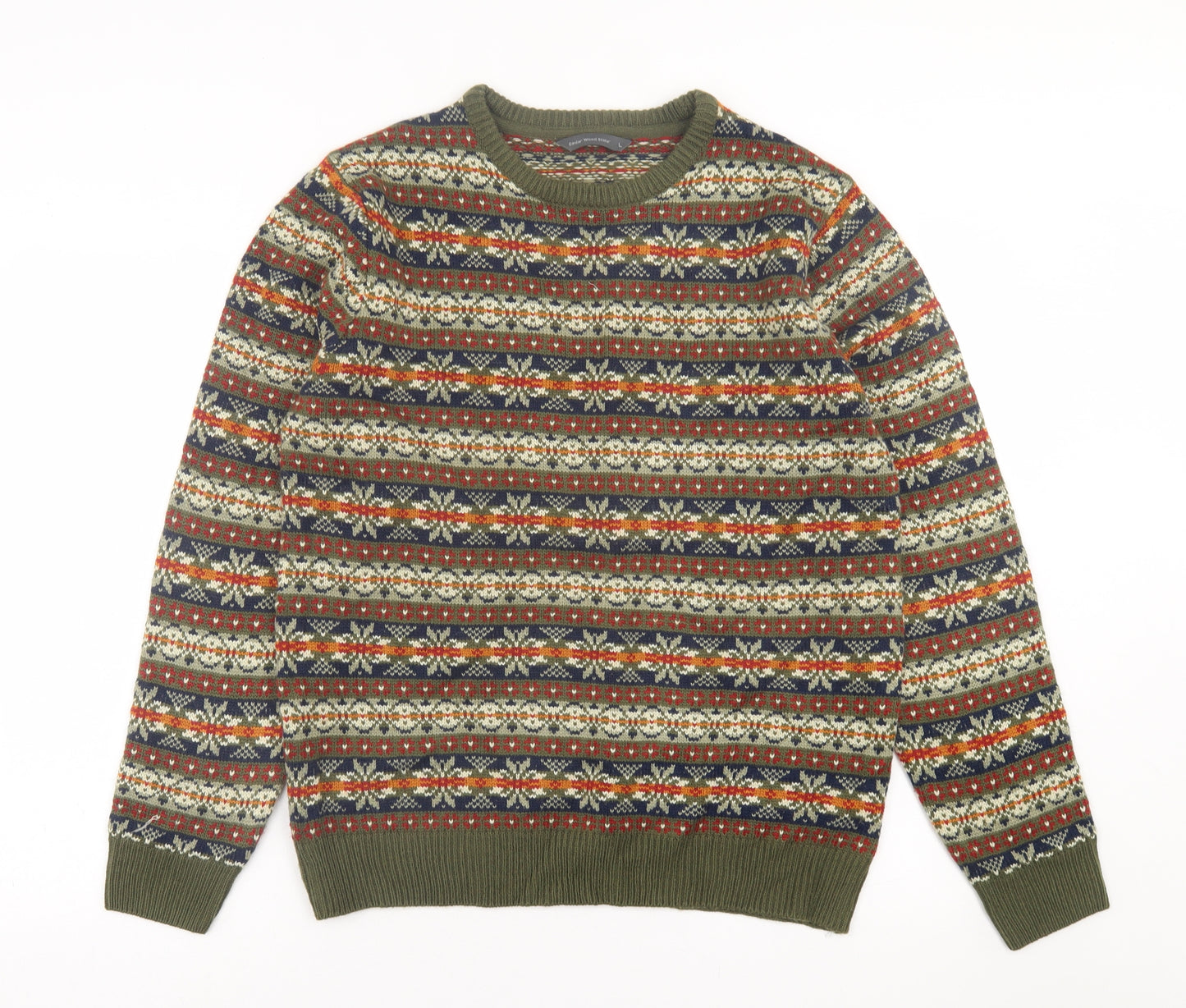 Cedar Wood State Mens Green Crew Neck Geometric Acrylic Pullover Jumper Size L