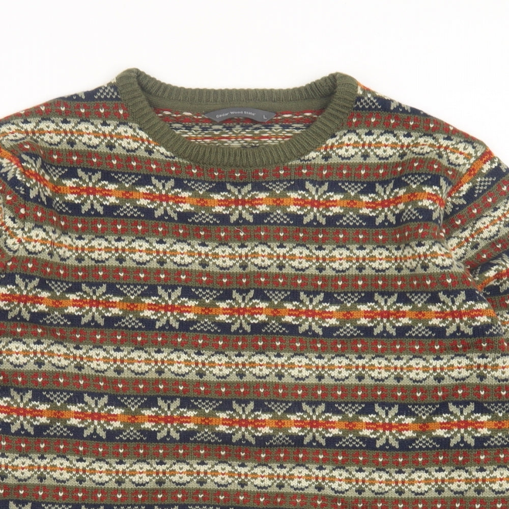 Cedar Wood State Mens Green Crew Neck Geometric Acrylic Pullover Jumper Size L