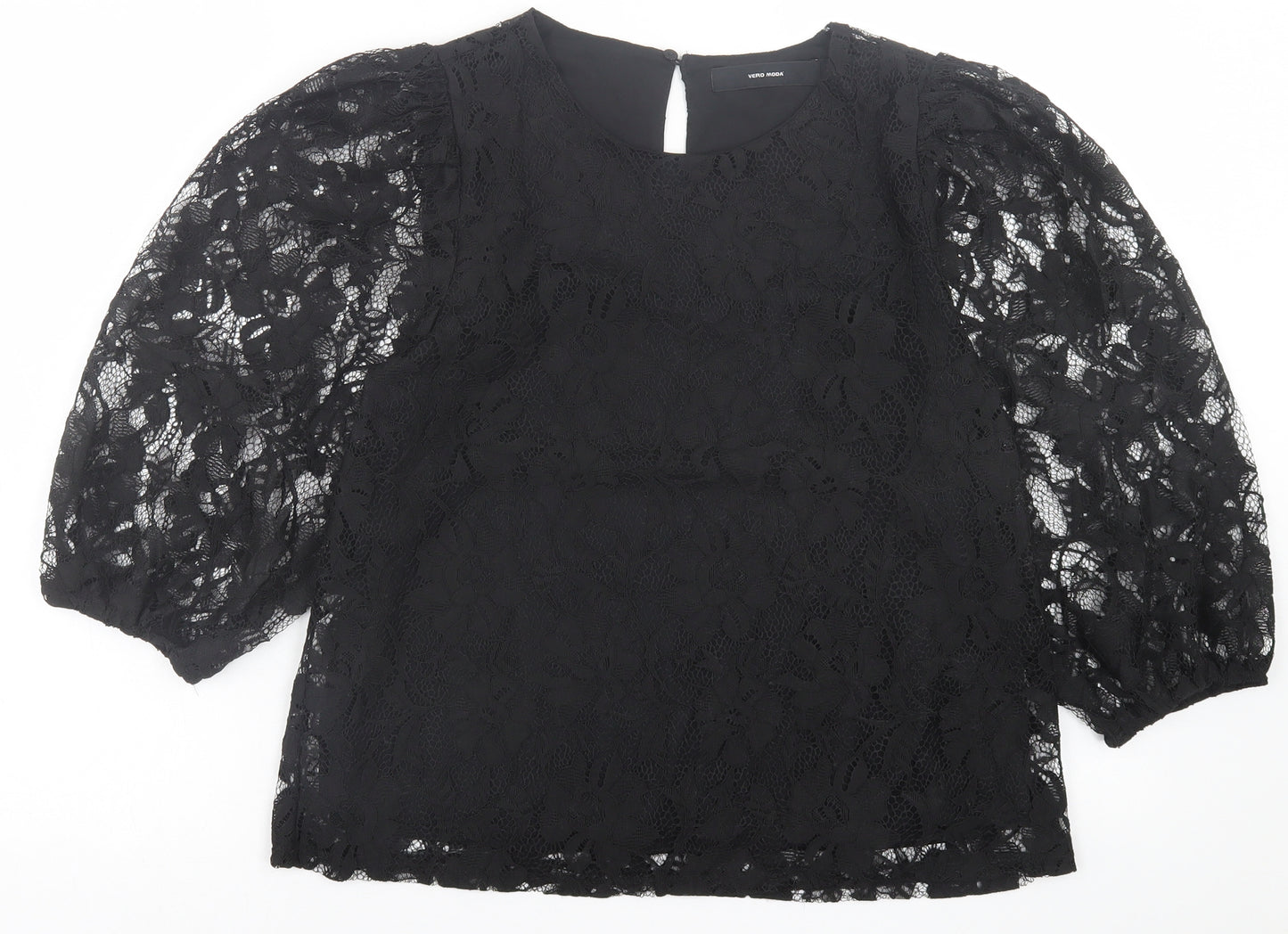 VERO MODA Womens Black Floral Polyester Basic Blouse Size M Crew Neck