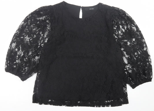 Front view of Vero Moda women’s black floral polyester basic blouse, size M, crew neck