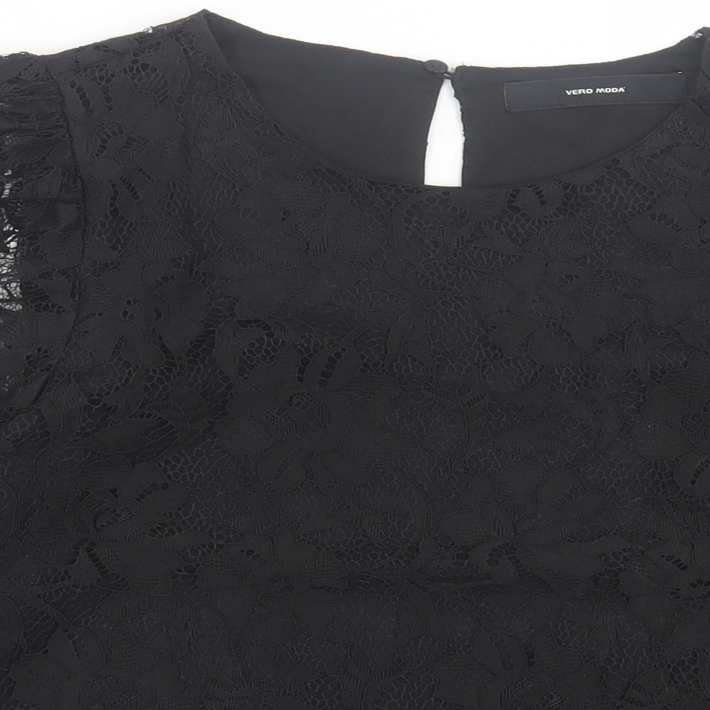 VERO MODA Womens Black Floral Polyester Basic Blouse Size M Crew Neck