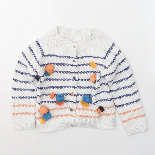 NEXT Girls White V-Neck Striped Cotton Cardigan Jumper Size 3-4 Years  Button