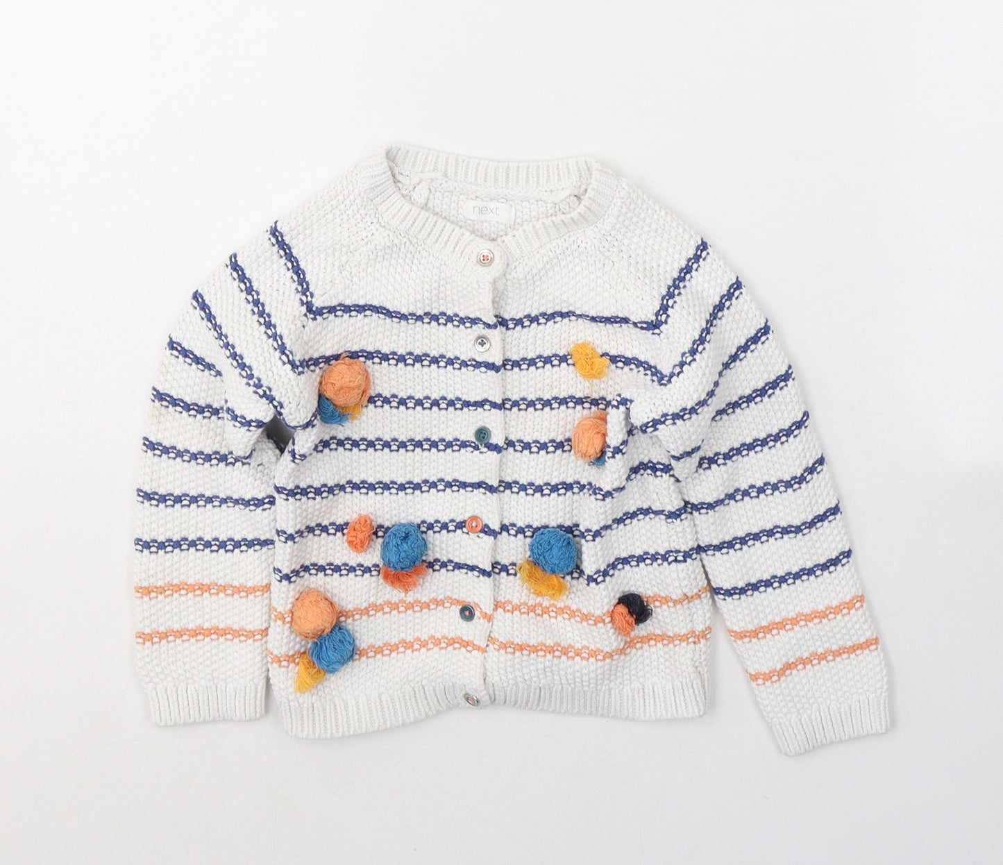 NEXT Girls White V-Neck Striped Cotton Cardigan Jumper Size 3-4 Years  Button