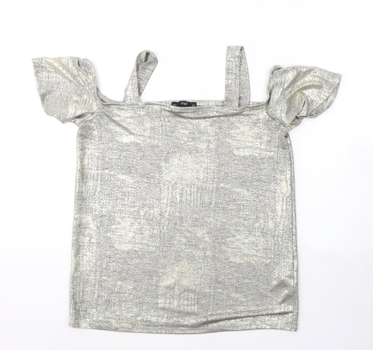 Front view of F&F women’s gold polyester basic t-shirt, size UK 12, square neck