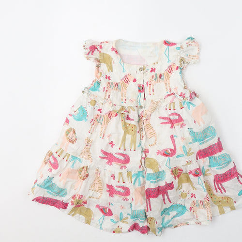 George Girls White Geometric Cotton T-Shirt Dress  Size 5-6 Years  Round Neck Button
